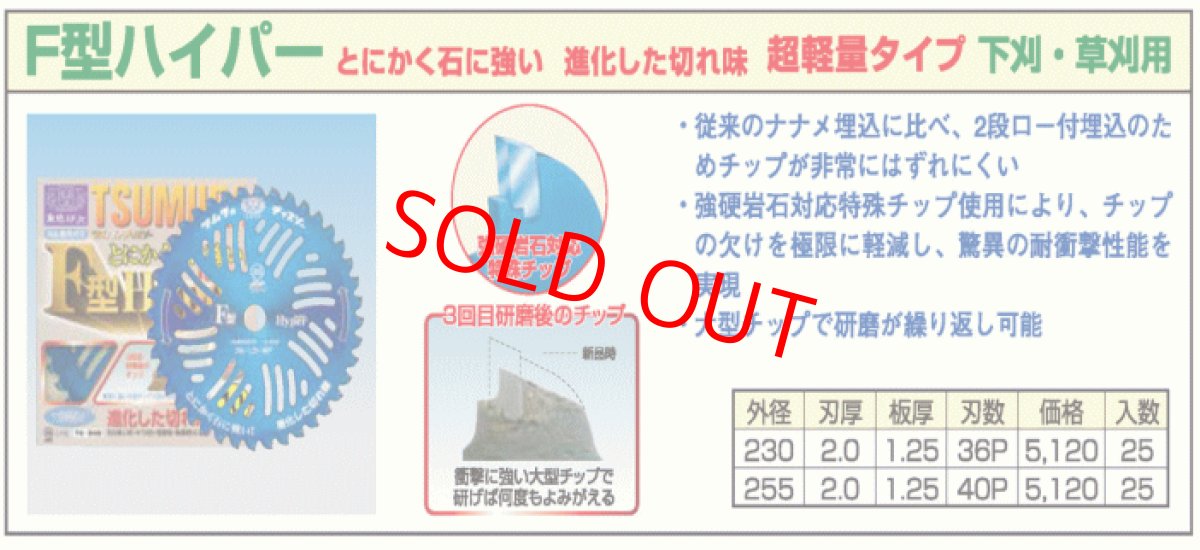 画像2: 5枚まとめ買いお徳価格！とにかく石に強い！津村鋼業　ツムラ　F型ハイパー　草刈りチップソー　255mm　下刈　草刈り用　超軽量タイプ　刈払い機用　5枚 (2)