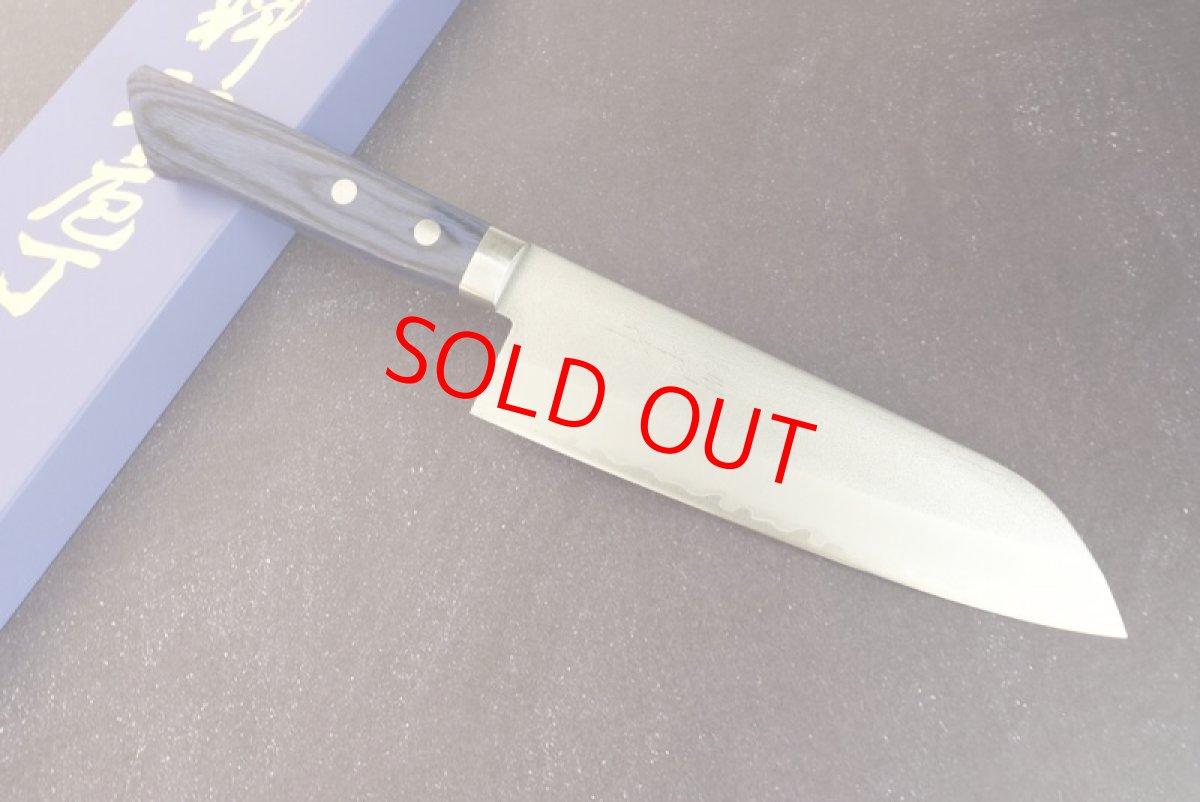 画像5: 越前打ち刃物　増谷刃物　訓平作　梨地　ＶG１ＤPゴールド　三徳１７０ｍｍ　鍔付き　ハンドルカラー：Purple blue (5)