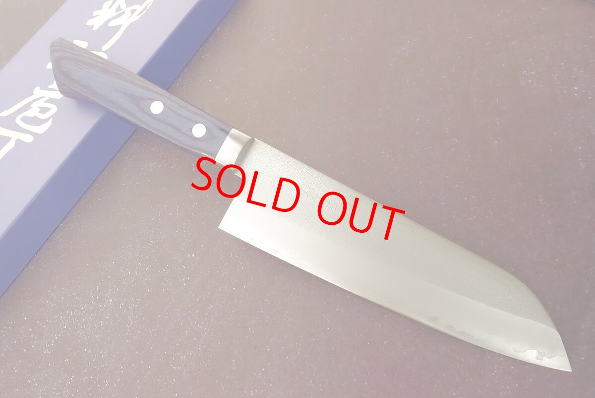 画像2: 越前打ち刃物　増谷刃物　訓平作　梨地　ＶG１ＤPゴールド　三徳１７０ｍｍ　鍔付き　ハンドルカラー：Purple blue (2)